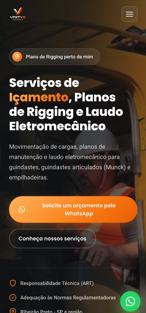 Site Vertyx Engenharia, versão mobile